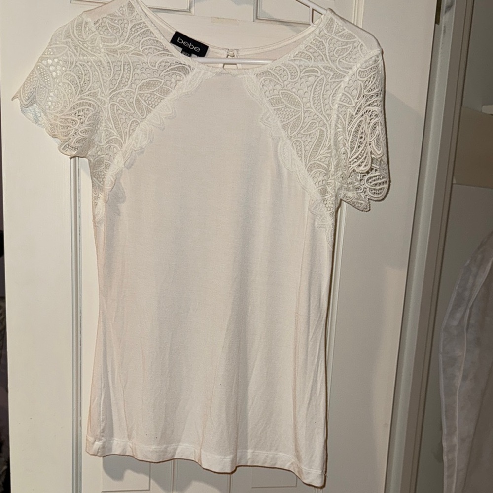 Bebe White Lace Short Sleeve T-Shirt